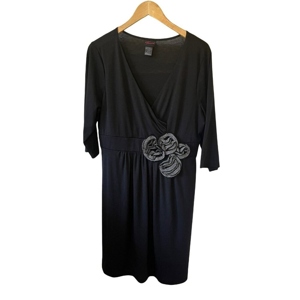 Torrid Dress Black Knee Length Long Sleeve Cross Front Floral Embellishment 2
